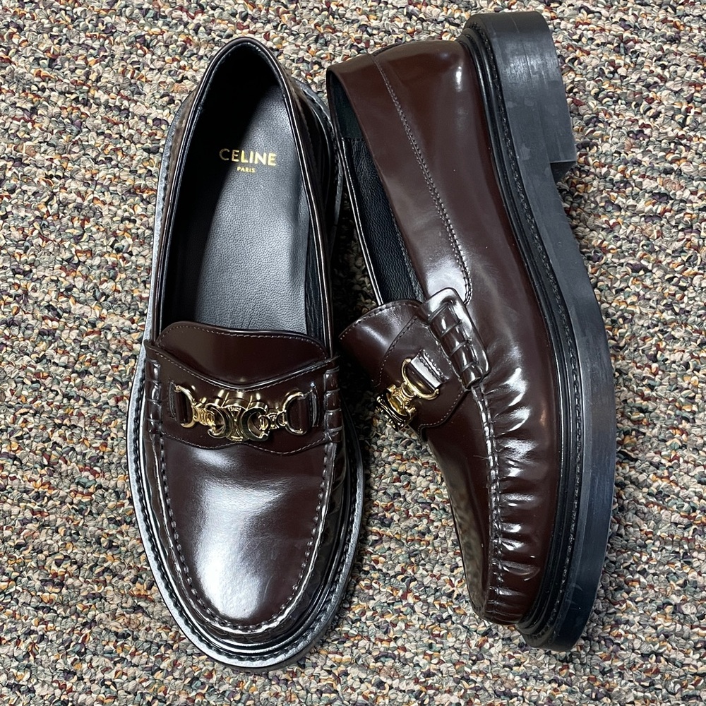 Celine Women’s Dark Brown Leather Loafers with Gold Accent